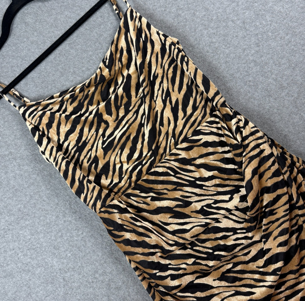 NWT Emory Park Velvet Animal Print Ruched High Slit Midi Maxi Dress M Tan Black